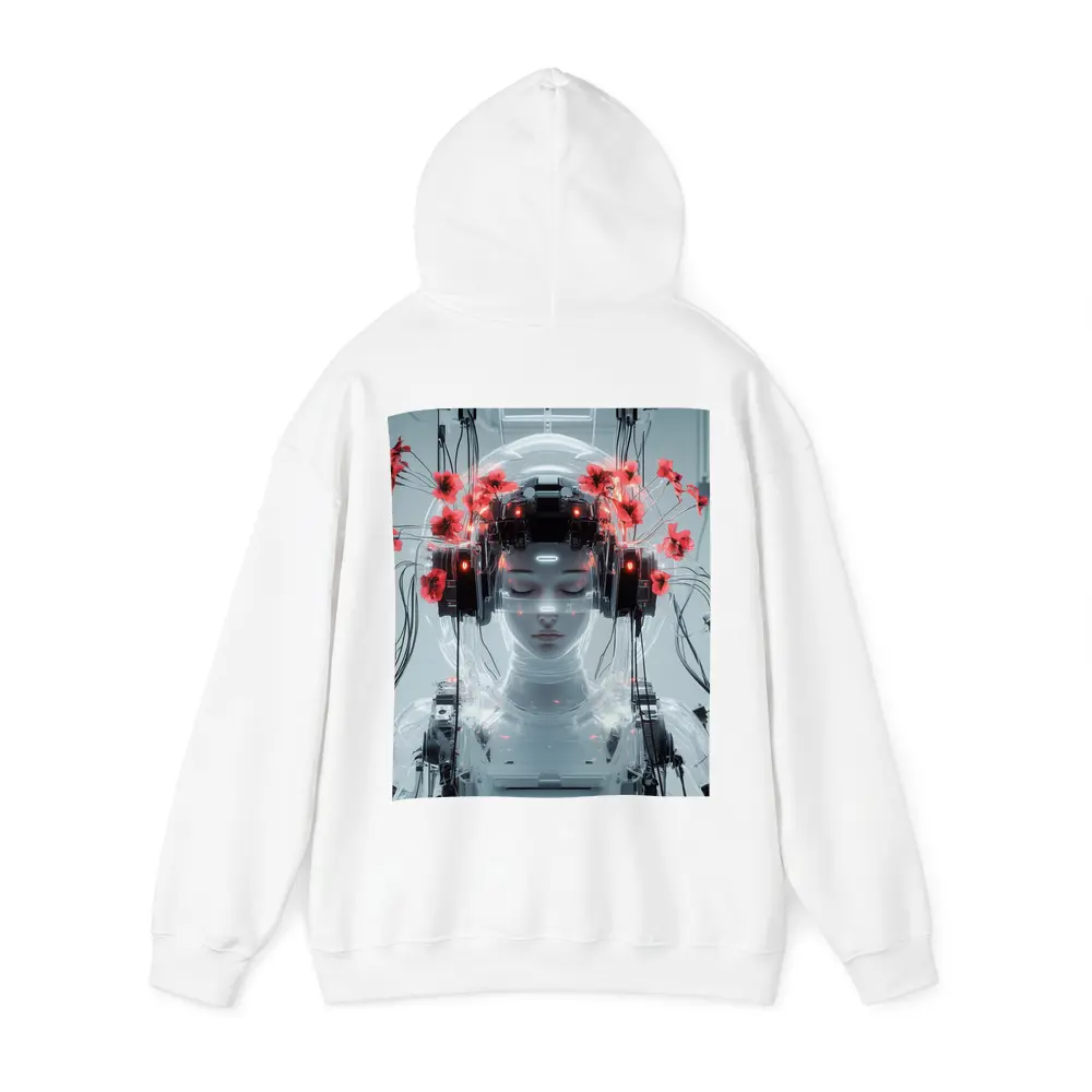 Cyberpunk Robot Woman Red Poppies White – Hoodies