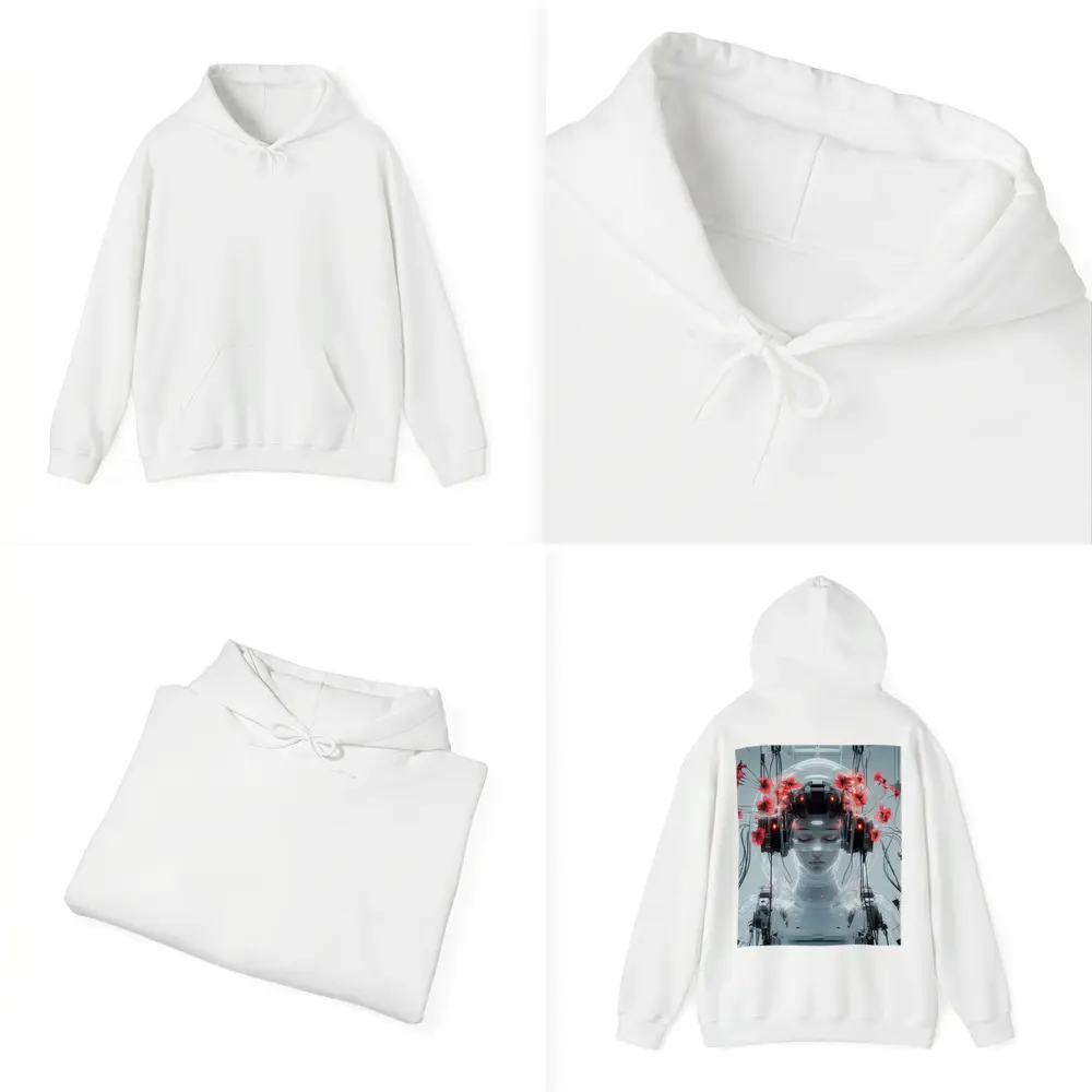 Cyberpunk Robot Woman Red Poppies White – Hoodies
