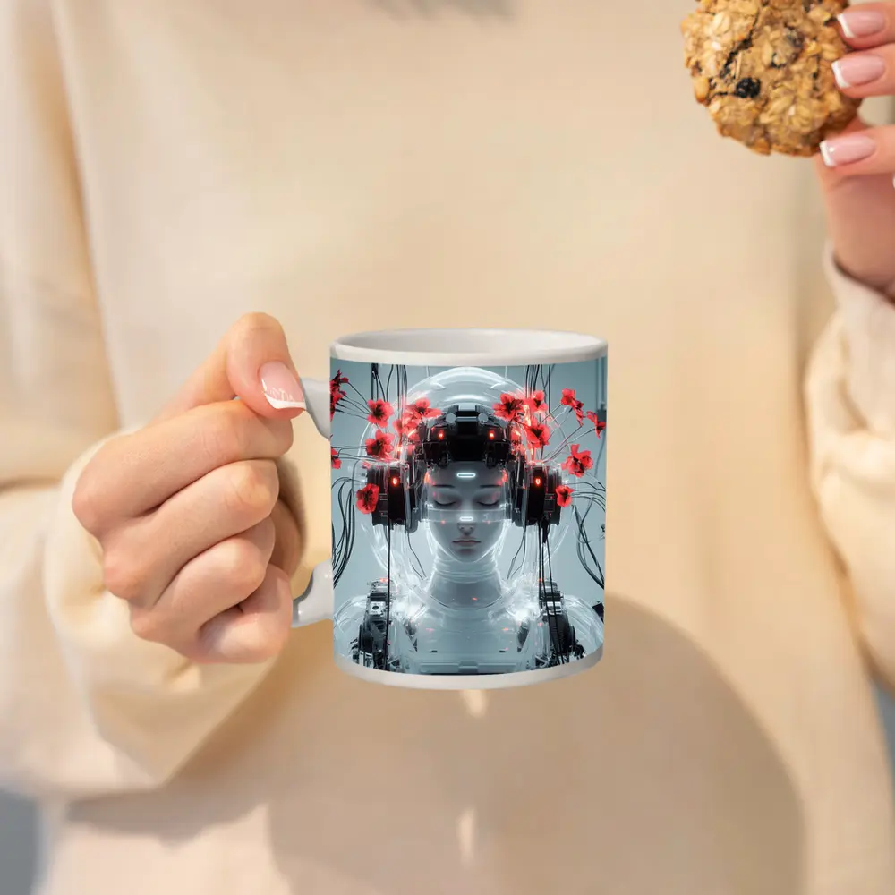 Cyberpunk Robot Woman Red Poppies White – Mugs