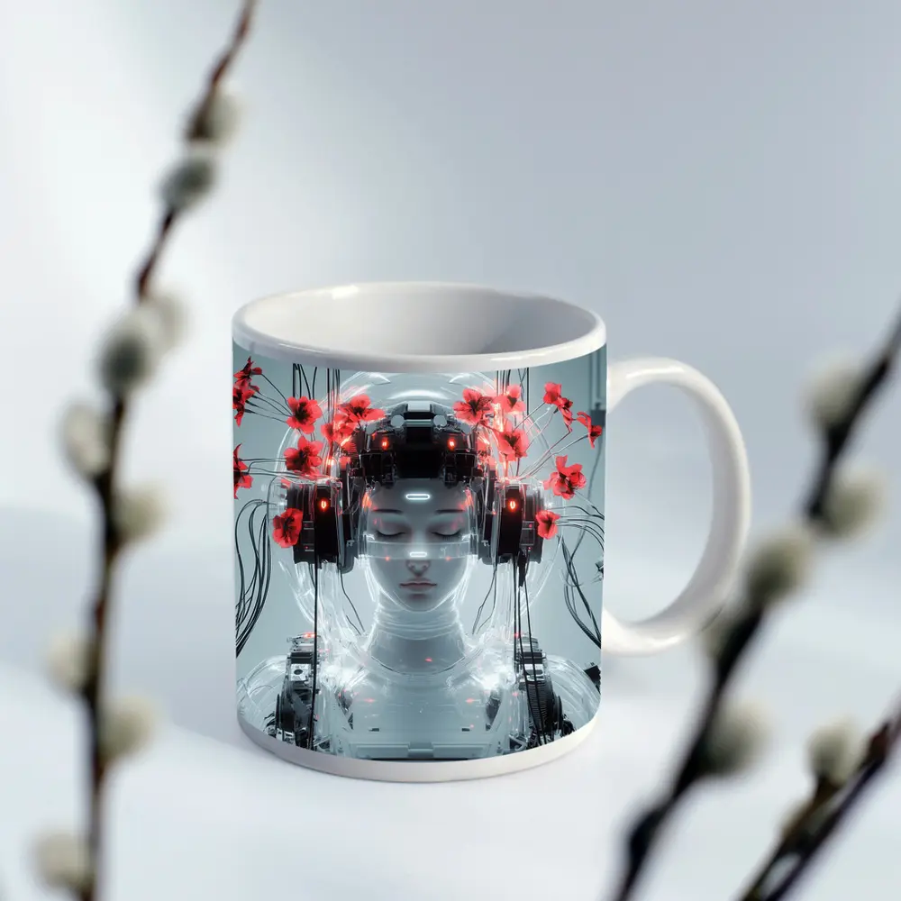 Cyberpunk Robot Woman Red Poppies White – Mugs
