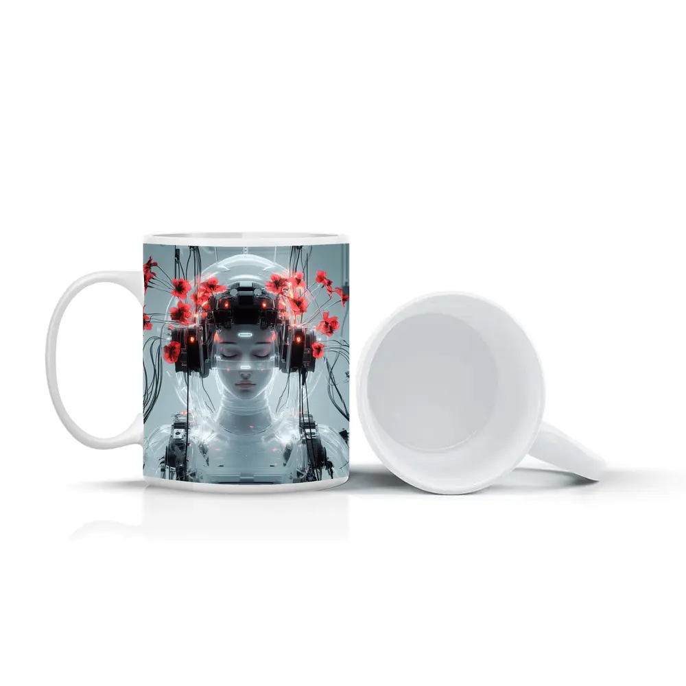 Cyberpunk Robot Woman Red Poppies White – Mugs