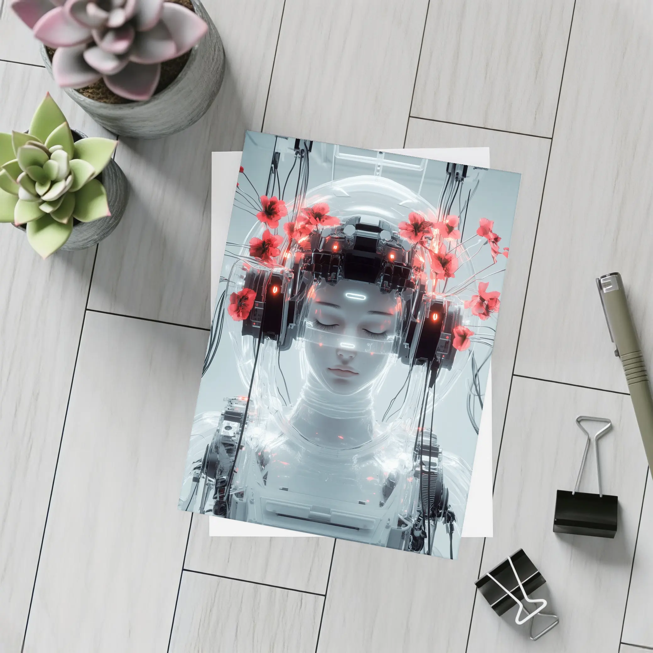Cyberpunk Robot Woman Red Poppies White – Postcards