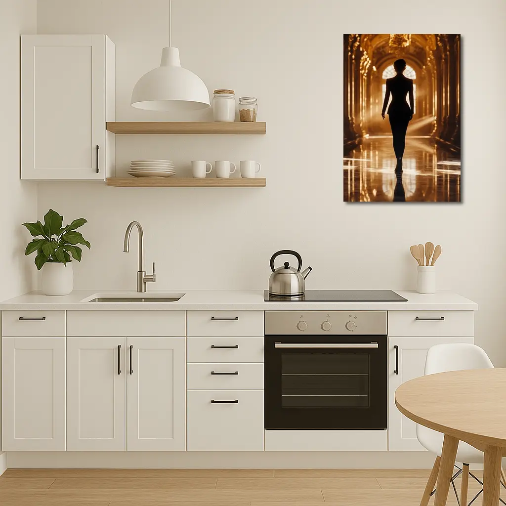 Woman Silhouette Walking Golden Ornate Palace Hall – Wall Art