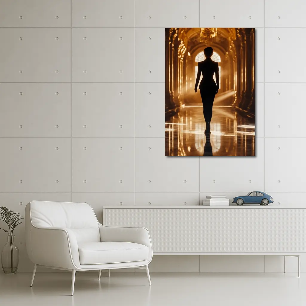 Woman Silhouette Walking Golden Ornate Palace Hall – Wall Art