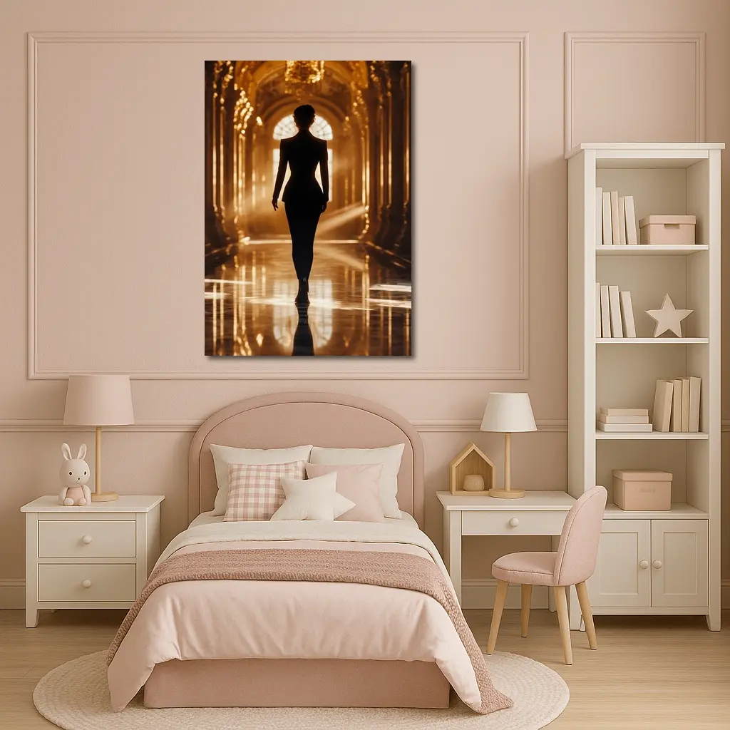 Woman Silhouette Walking Golden Ornate Palace Hall – Wall Art