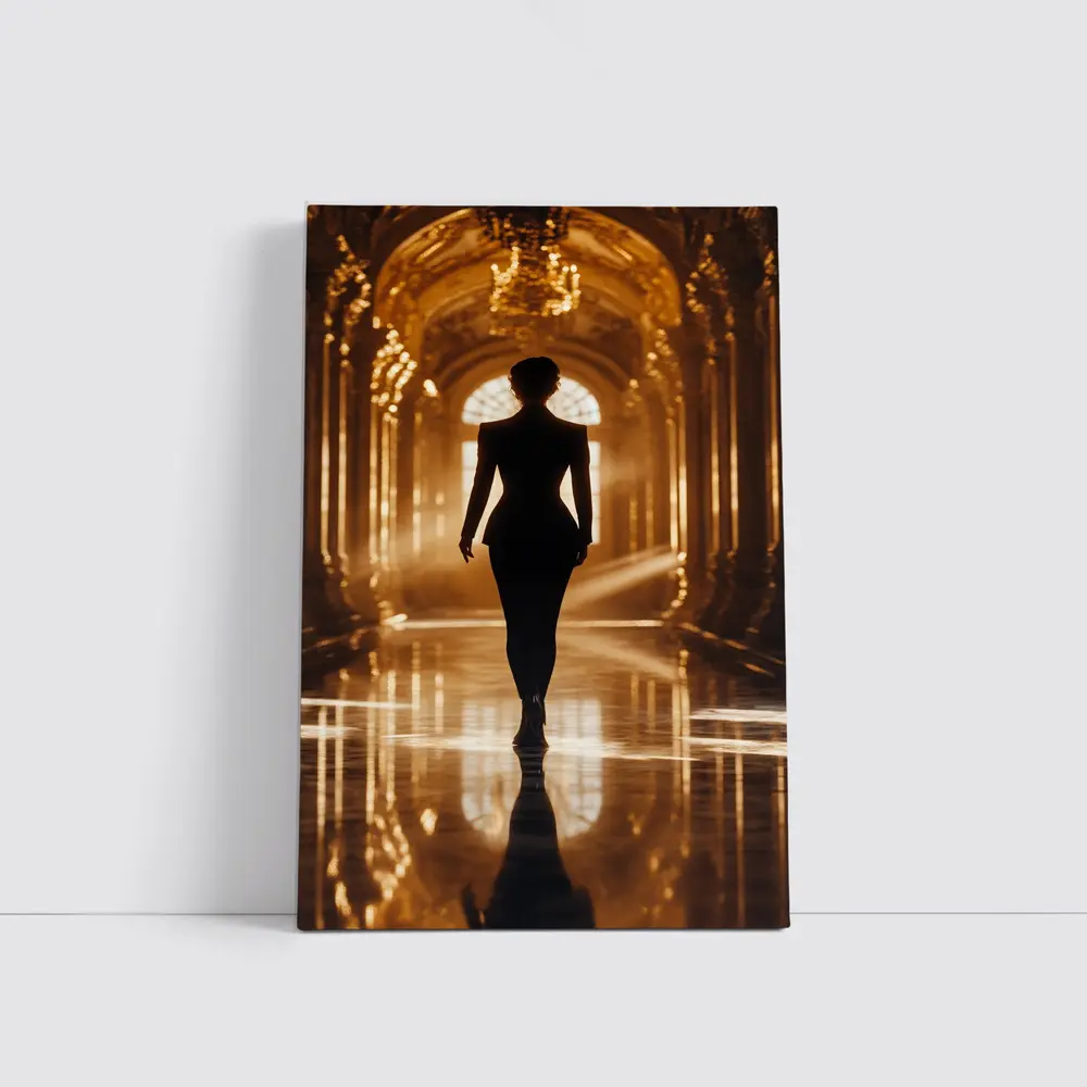Woman Silhouette Walking Golden Ornate Palace Hall – Wall Art