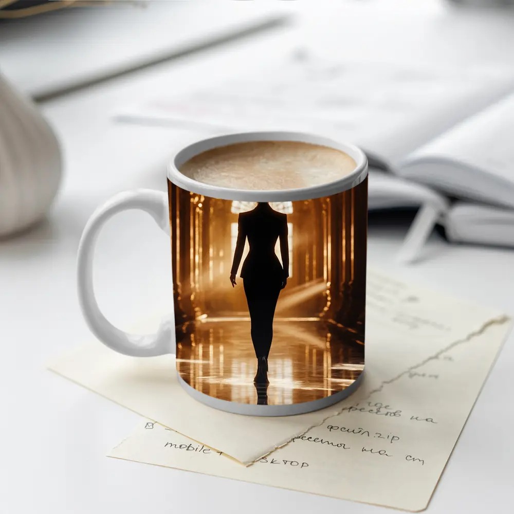 Woman Silhouette Walking Golden Ornate Palace Hall – Mugs