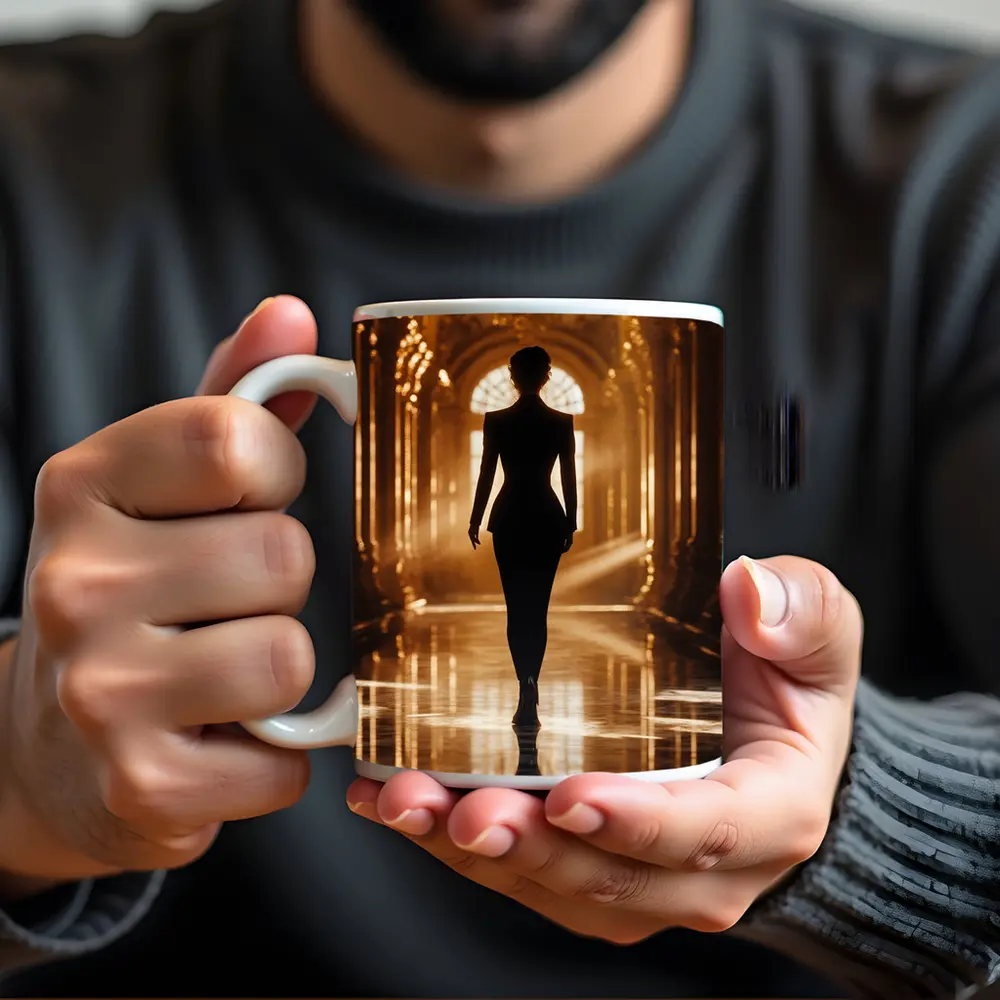 Woman Silhouette Walking Golden Ornate Palace Hall – Mugs