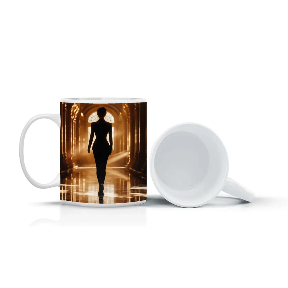 Woman Silhouette Walking Golden Ornate Palace Hall – Mugs