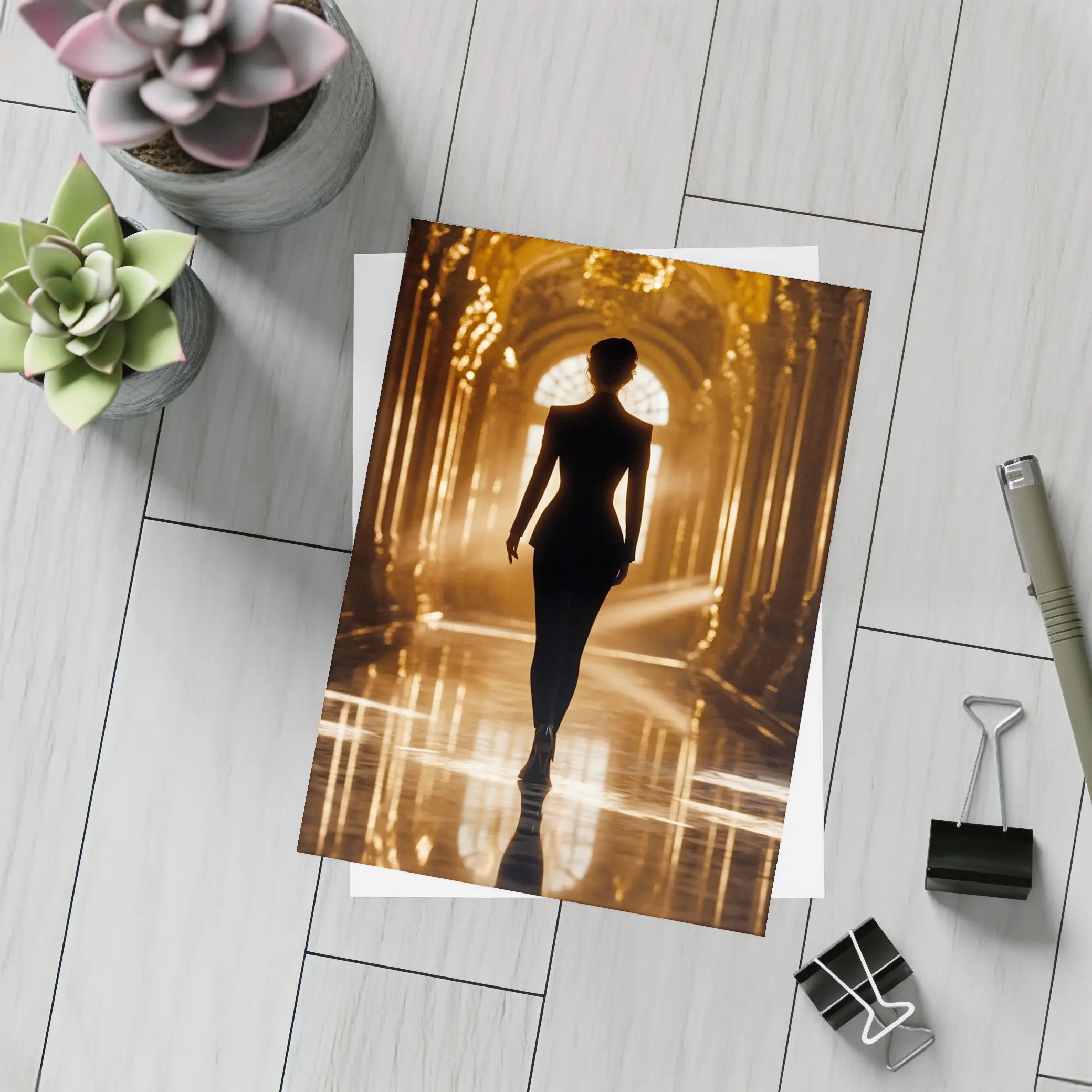 Woman Silhouette Walking Golden Ornate Palace Hall – Postcards