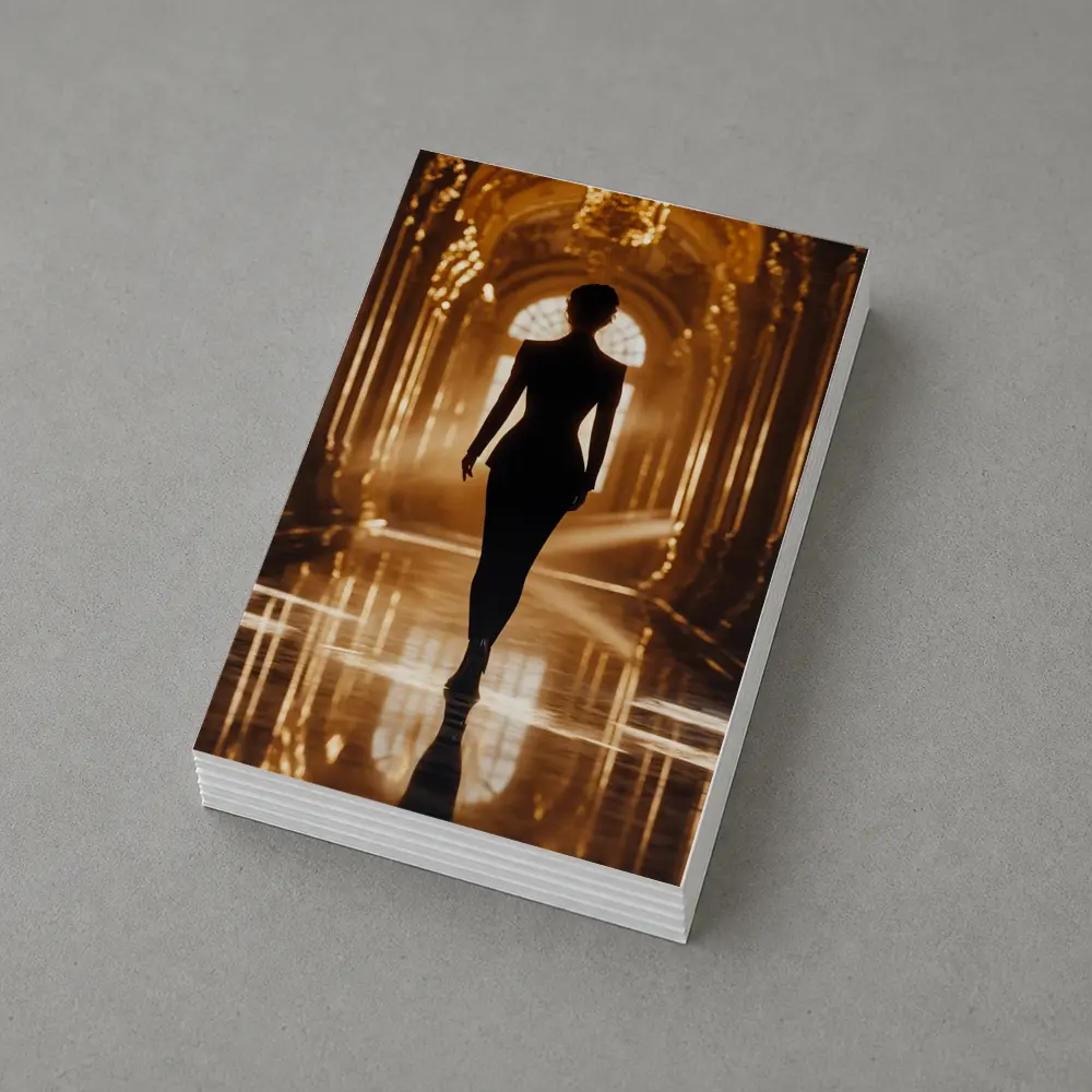 Woman Silhouette Walking Golden Ornate Palace Hall – Postcards