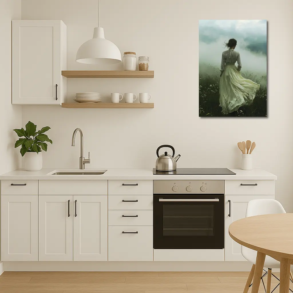 Woman in White Dress Misty Field – Wall Art