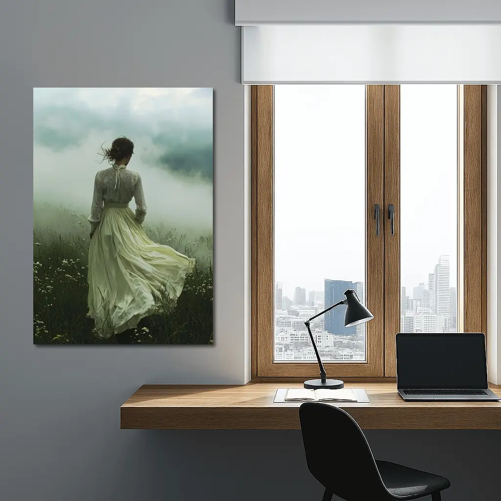 Woman in White Dress Misty Field – Wall Art
