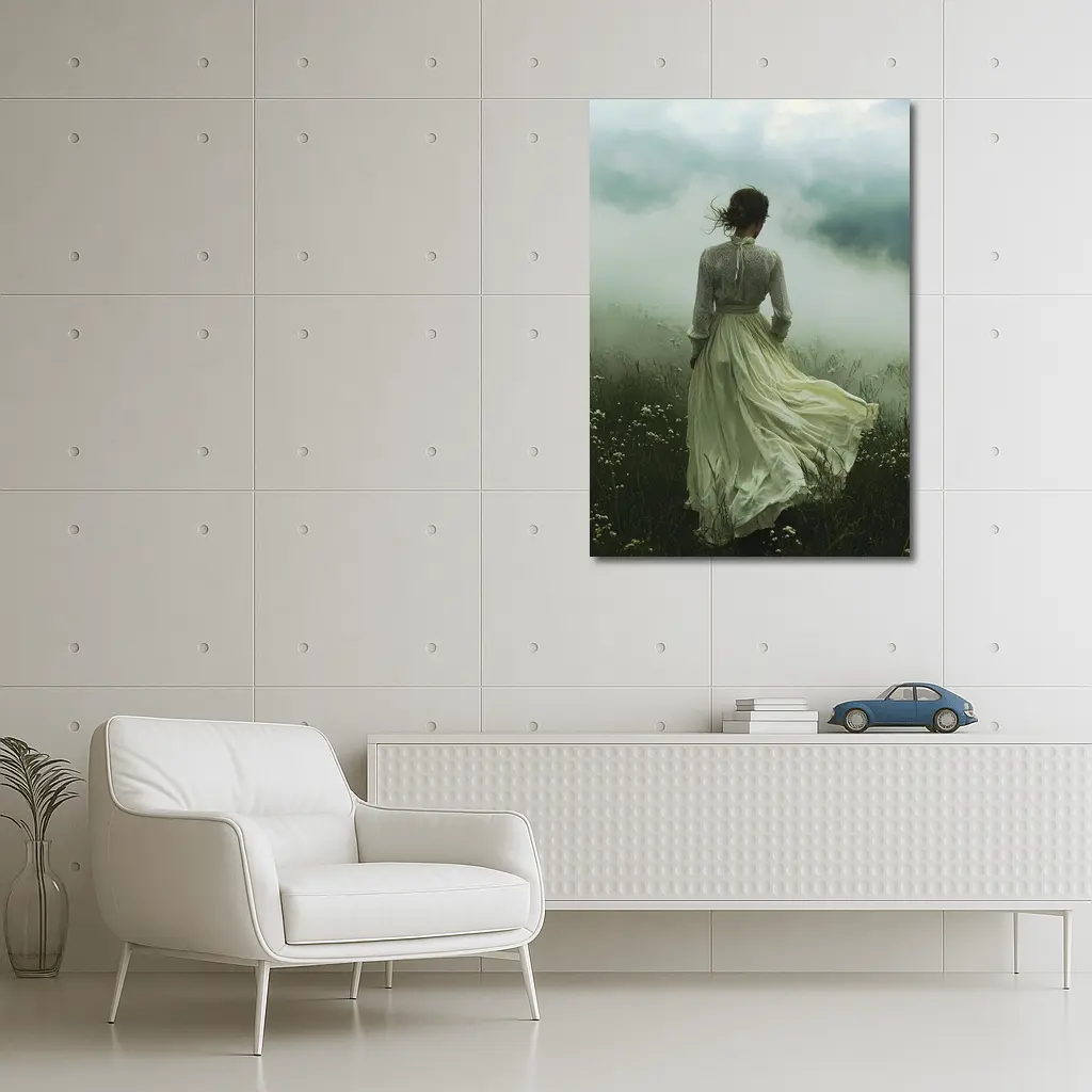 Woman in White Dress Misty Field – Wall Art