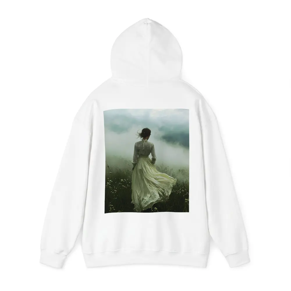 Woman in White Dress Misty Field – Hoodies