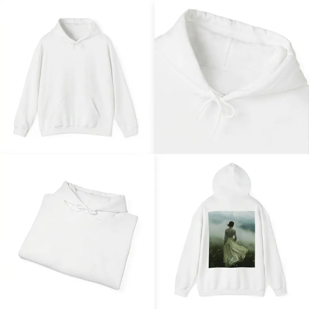 Woman in White Dress Misty Field – Hoodies