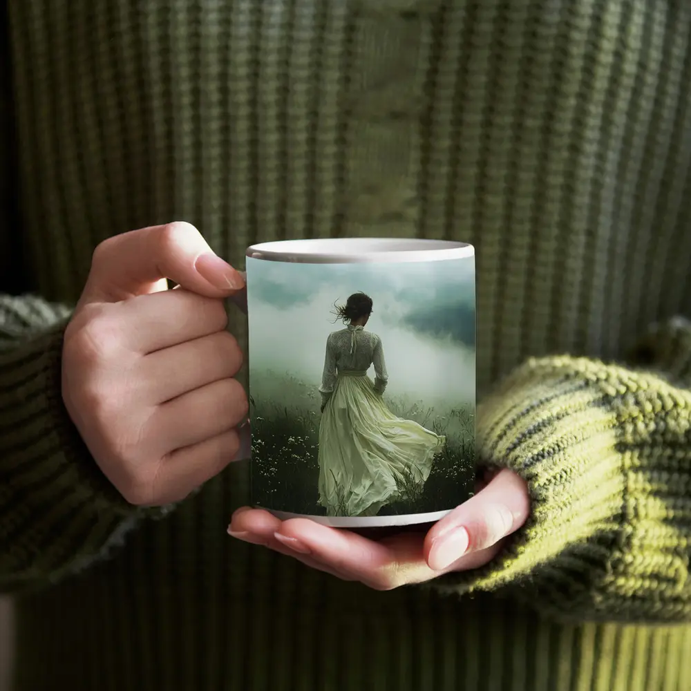 Woman in White Dress Misty Field – Mugs