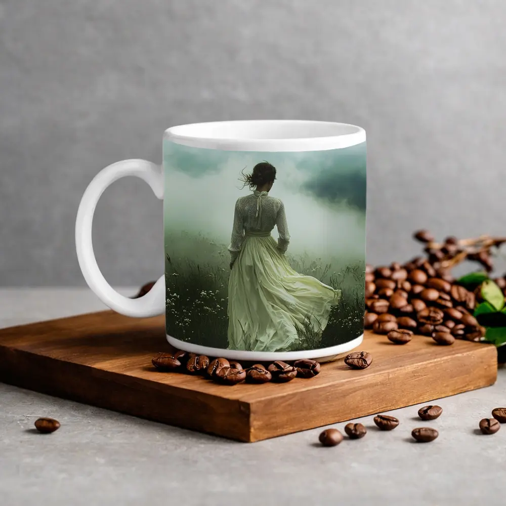 Woman in White Dress Misty Field – Mugs