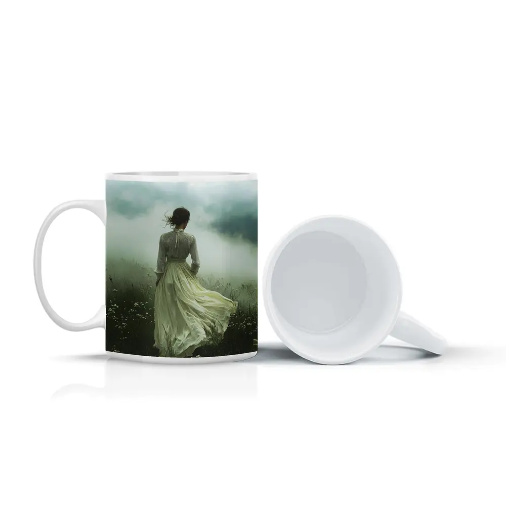 Woman in White Dress Misty Field – Mugs