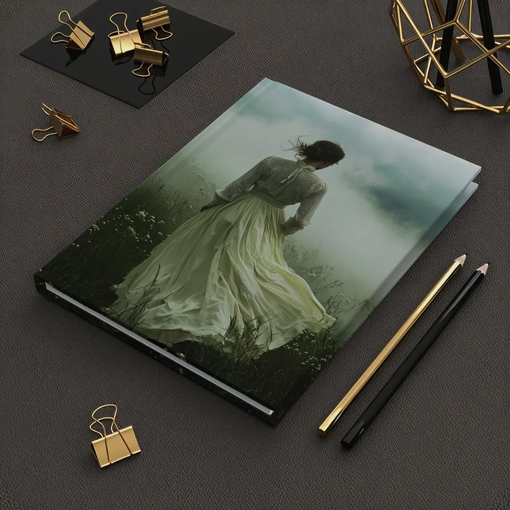 Woman in White Dress Misty Field – Notebooks