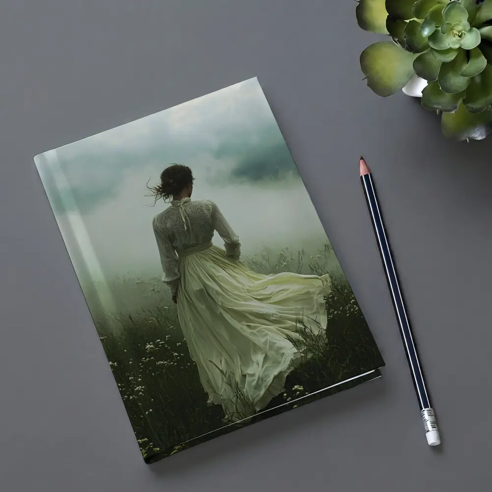 Woman in White Dress Misty Field – Notebooks