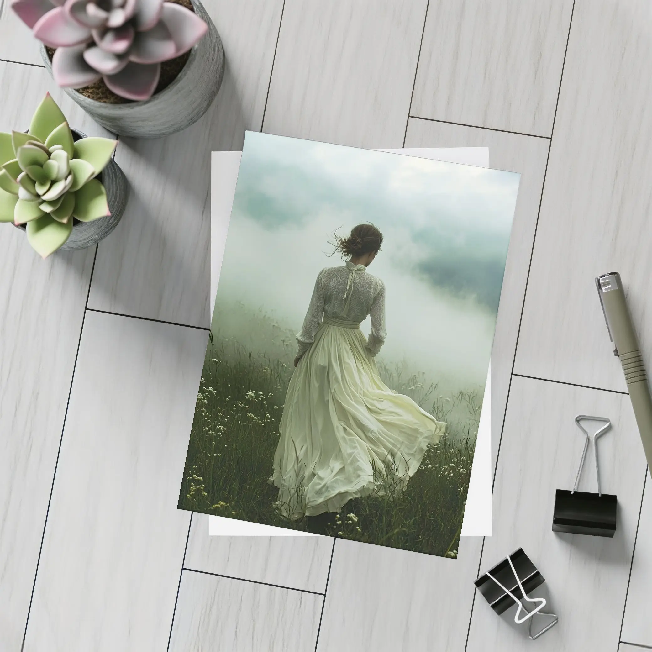 Woman in White Dress Misty Field – Postcards