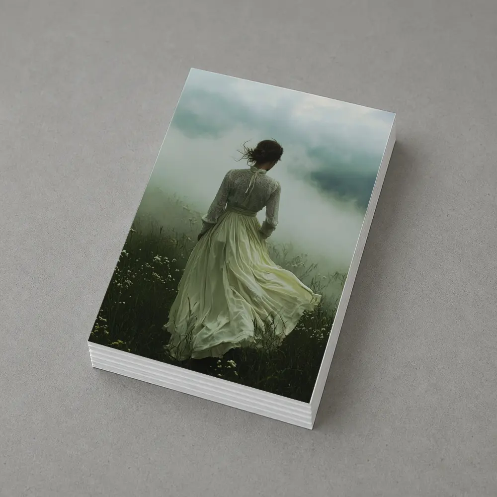 Woman in White Dress Misty Field – Postcards