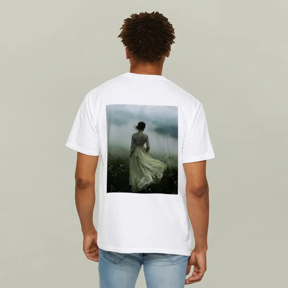 Woman in White Dress Misty Field – T-Shirts