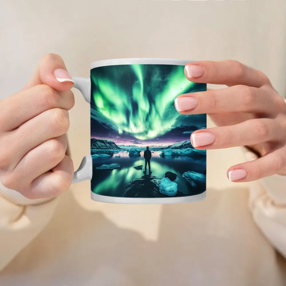 Man Standing Under Northern Lights Iceland – Mugs