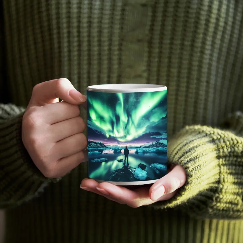 Man Standing Under Northern Lights Iceland – Mugs