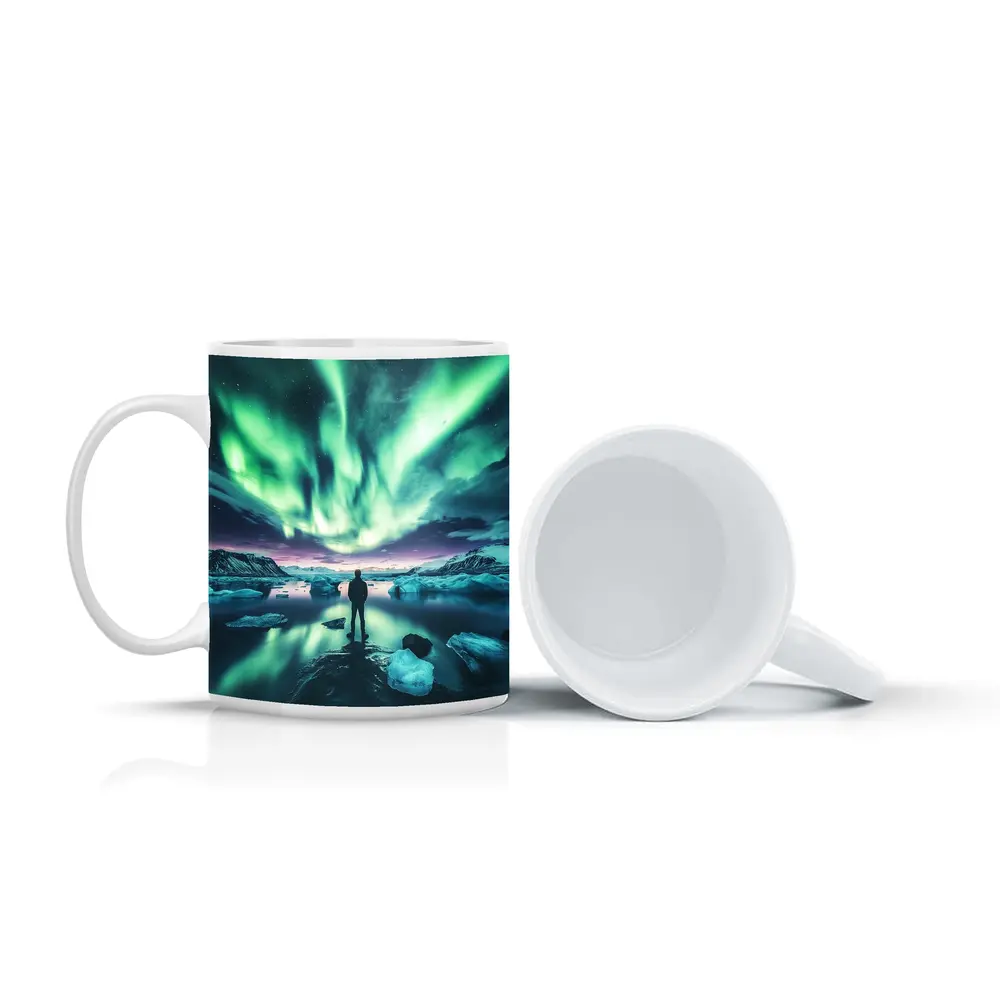 Man Standing Under Northern Lights Iceland – Mugs