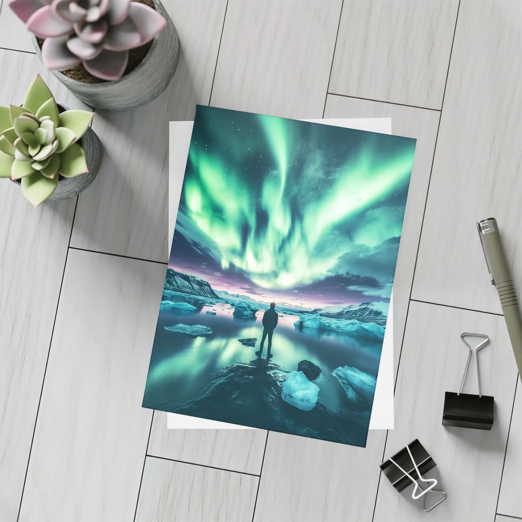 Man Standing Under Northern Lights Iceland – Postcards