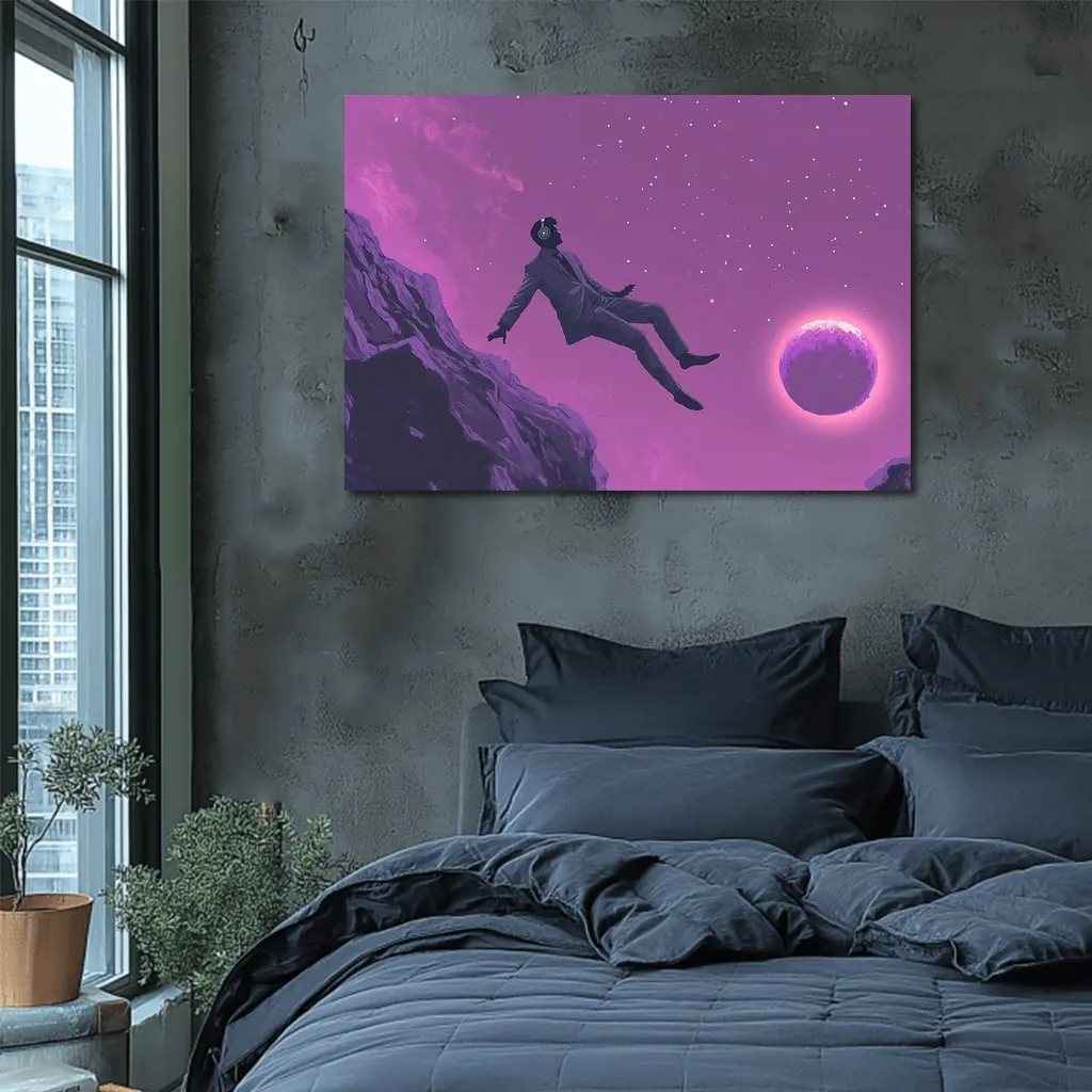 Man Floating In Purple Starry Night Sky – Wall Art