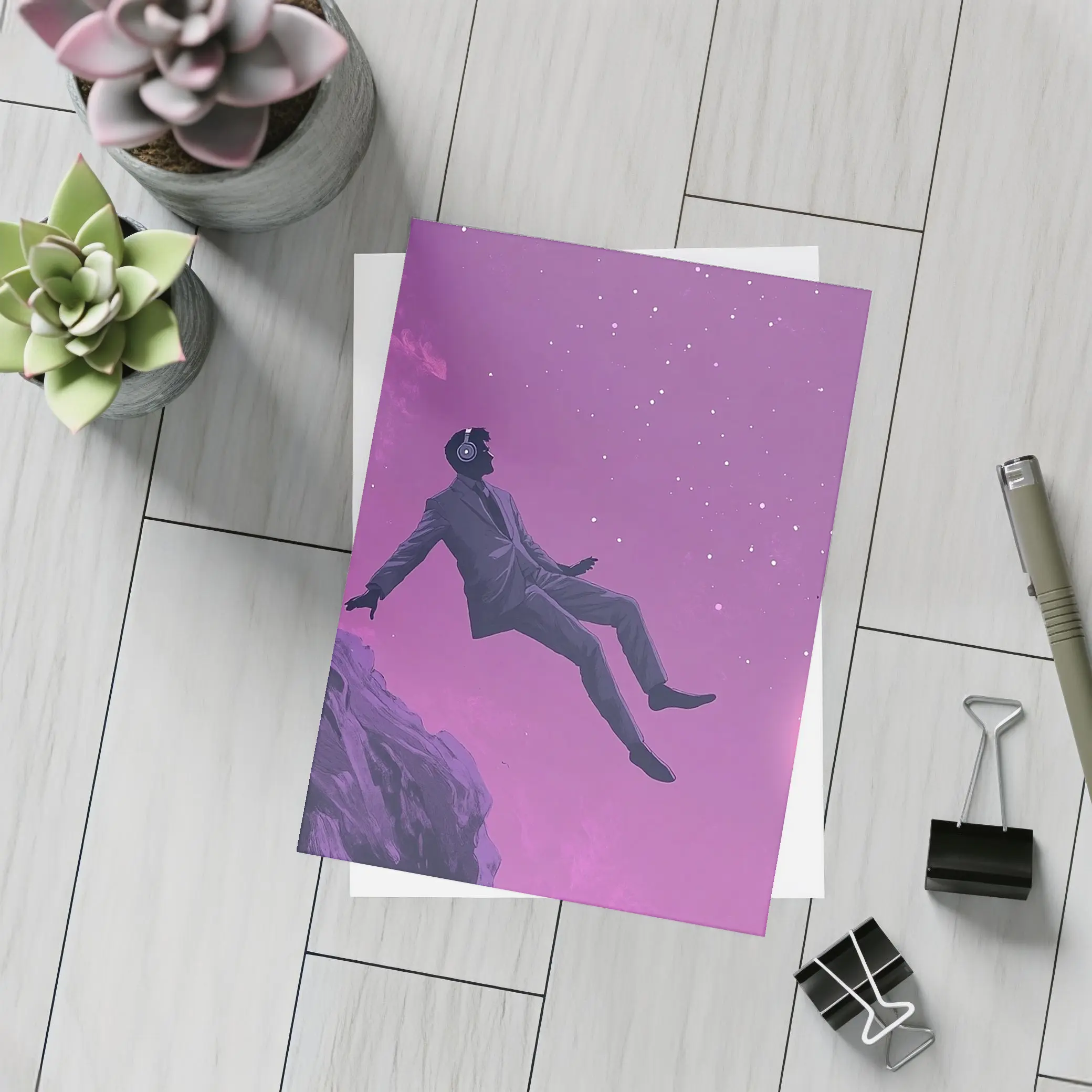 Man Floating In Purple Starry Night Sky – Postcards