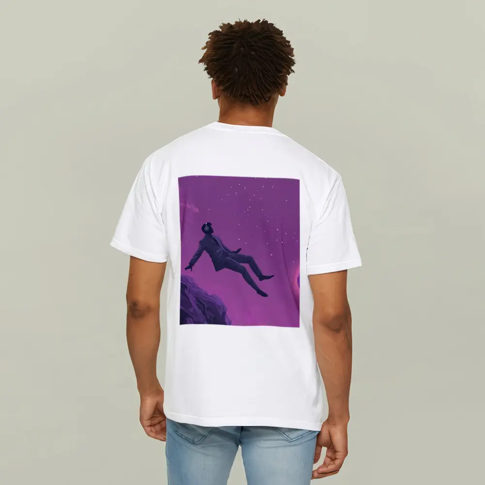 Man Floating In Purple Starry Night Sky – T-Shirts