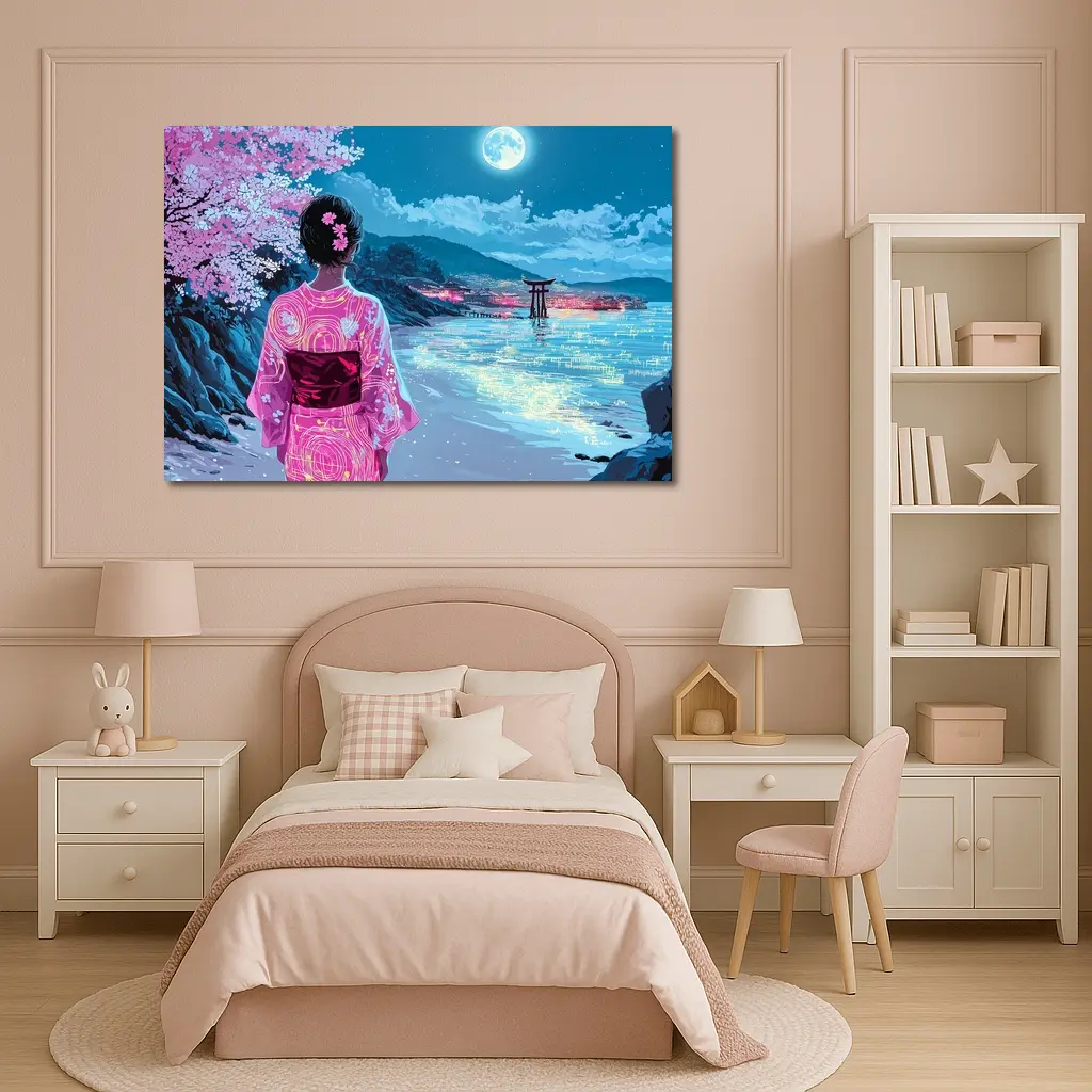 Japanese Woman Kimono Cherry Blossoms Moon Night – Wall Art