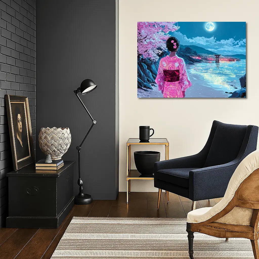 Japanese Woman Kimono Cherry Blossoms Moon Night – Wall Art