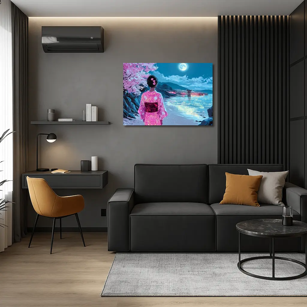 Japanese Woman Kimono Cherry Blossoms Moon Night – Wall Art