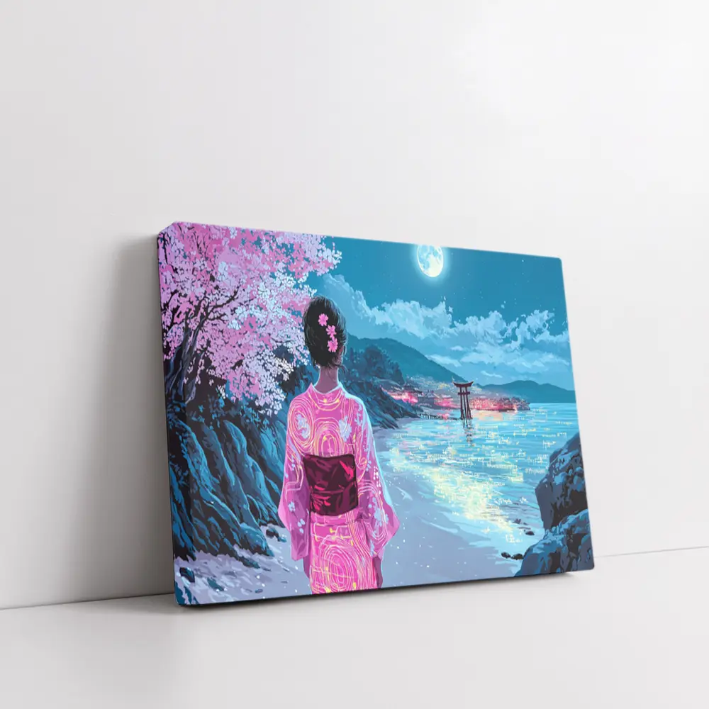 Japanese Woman Kimono Cherry Blossoms Moon Night – Wall Art