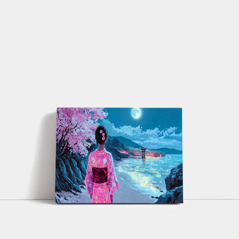 Japanese Woman Kimono Cherry Blossoms Moon Night – Wall Art