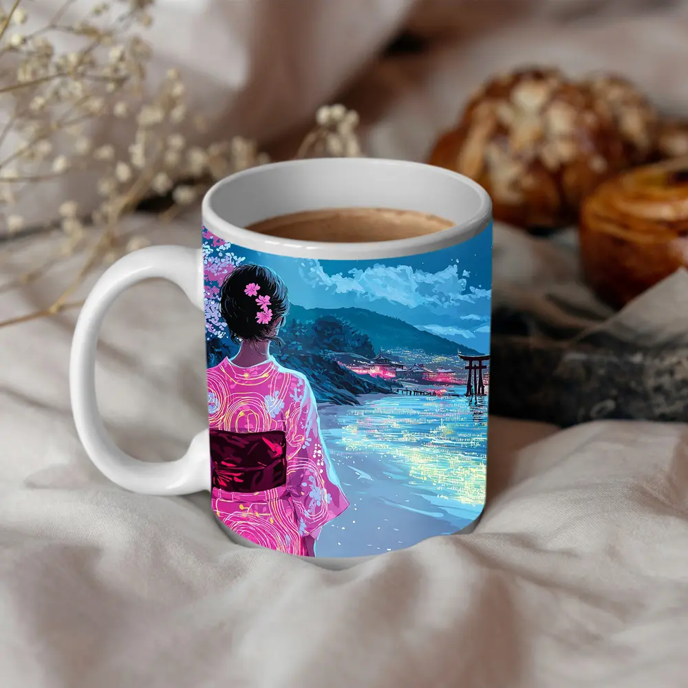 Japanese Woman Kimono Cherry Blossoms Moon Night – Mugs