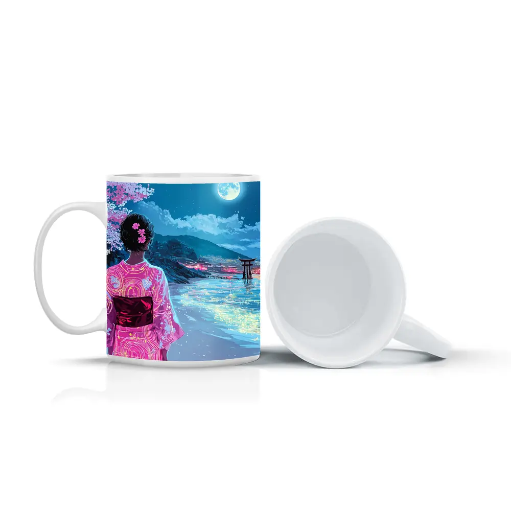 Japanese Woman Kimono Cherry Blossoms Moon Night – Mugs
