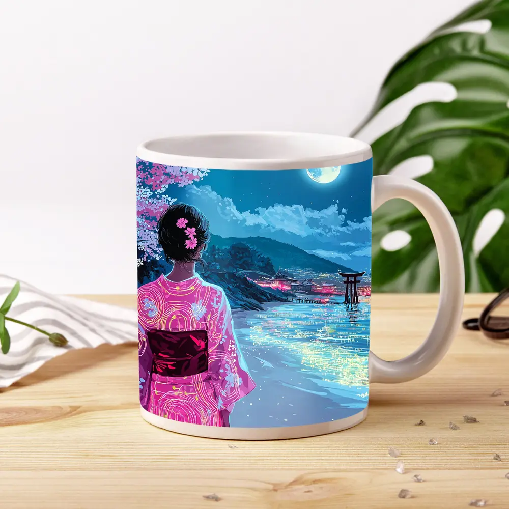 Japanese Woman Kimono Cherry Blossoms Moon Night – Mugs