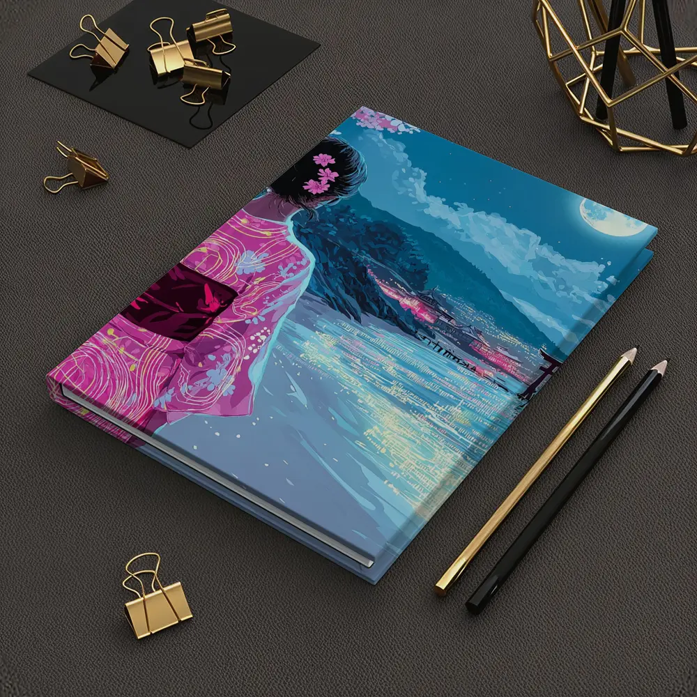 Japanese Woman Kimono Cherry Blossoms Moon Night – Notebooks