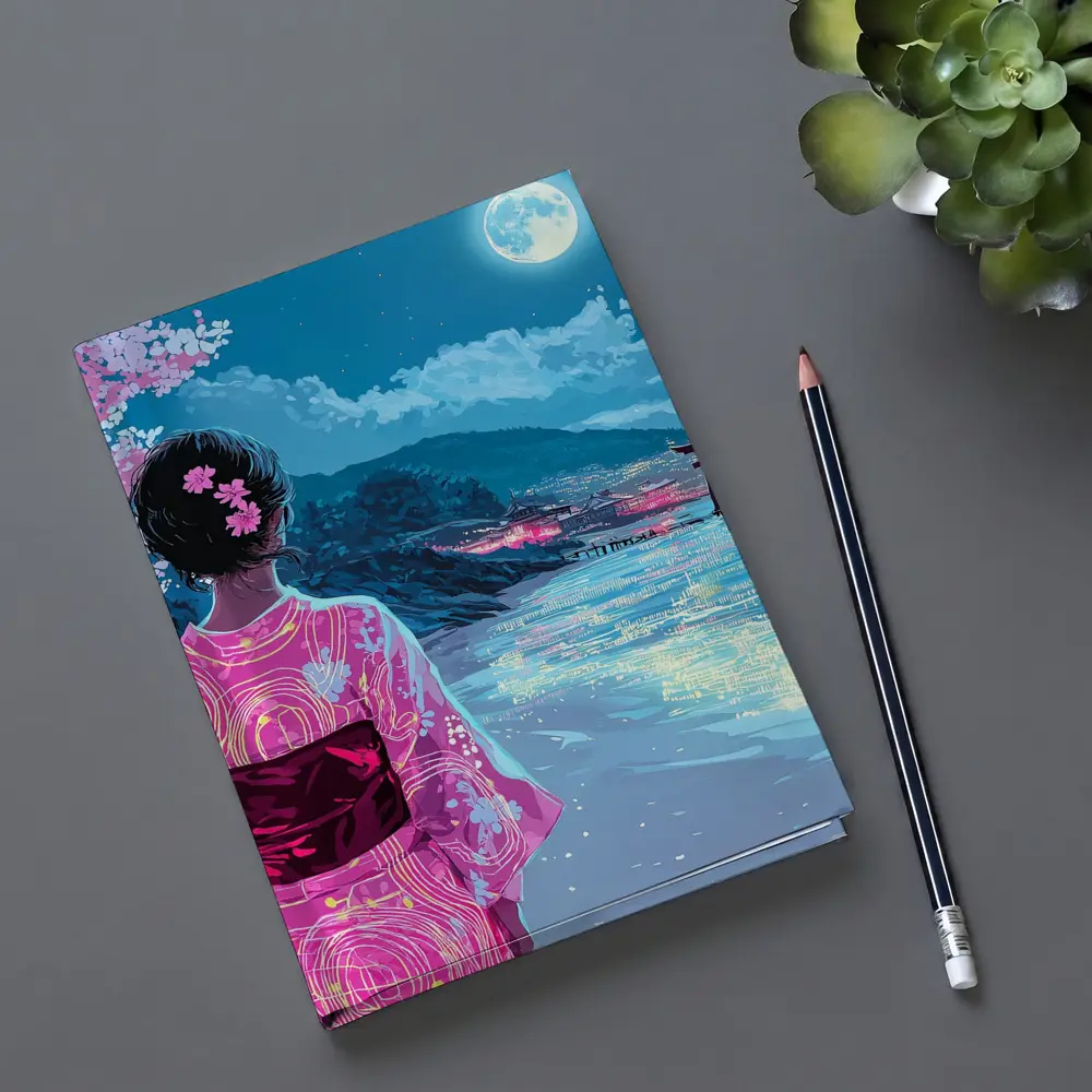 Japanese Woman Kimono Cherry Blossoms Moon Night – Notebooks