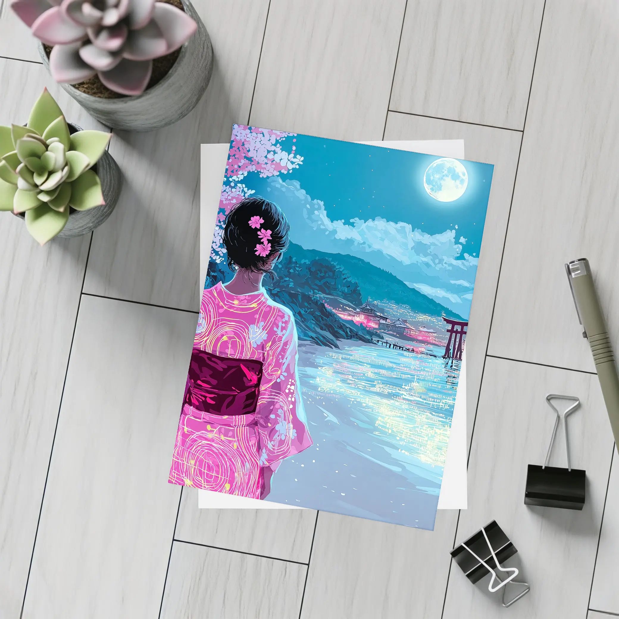 Japanese Woman Kimono Cherry Blossoms Moon Night – Postcards