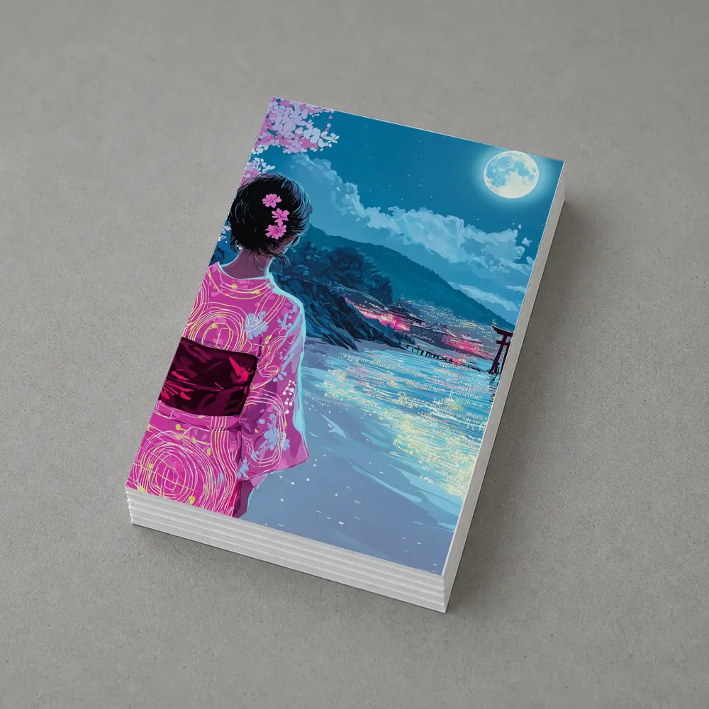 Japanese Woman Kimono Cherry Blossoms Moon Night – Postcards