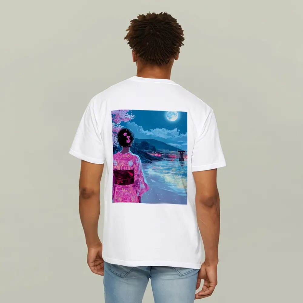 Japanese Woman Kimono Cherry Blossoms Moon Night – T-Shirts