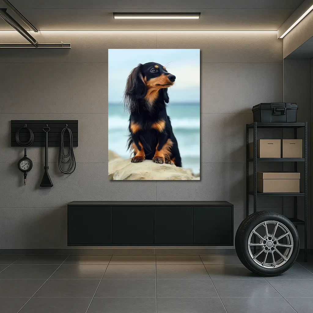 Long Haired Dachshund Sitting By Ocean – Wall Art