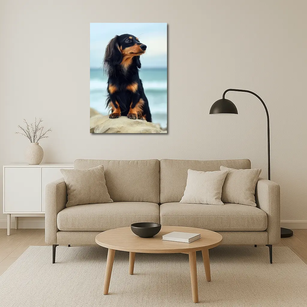 Long Haired Dachshund Sitting By Ocean – Wall Art